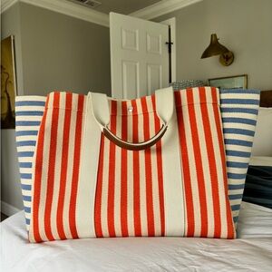Rue de Verneuil Striped Canvas Tote Bag - Orange, Blue, and White
